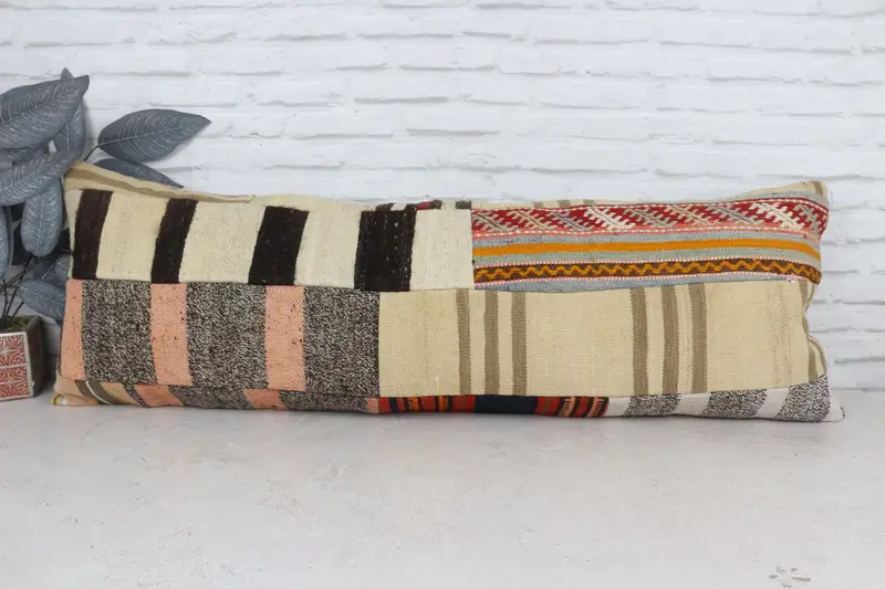 16x48 Beige Pillow, Turkish Pillow, Seat Pillow Cover, Cushion, Vintage Kilim Pillow, Christmas Pillow, Kilim Cushion Sham - 1