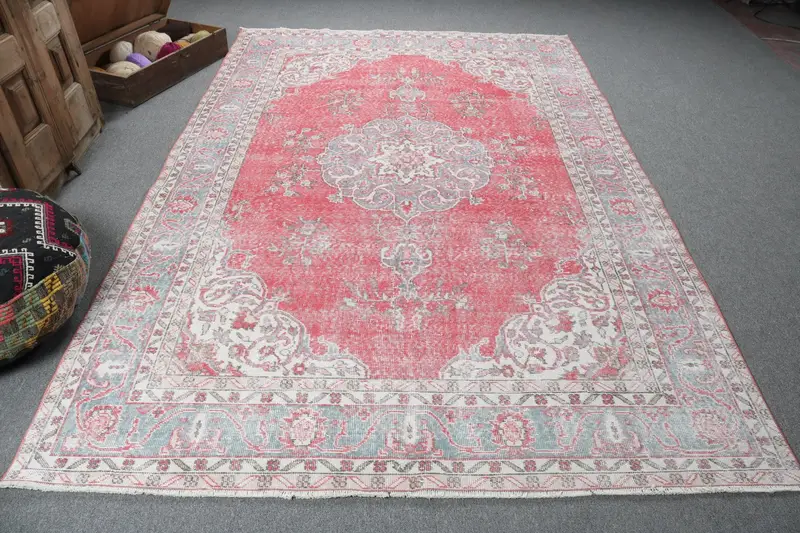 Vintage Türk Büyük Halı 6.3x9.7 ft, Kırmızı Mavi Düz Halı - 1