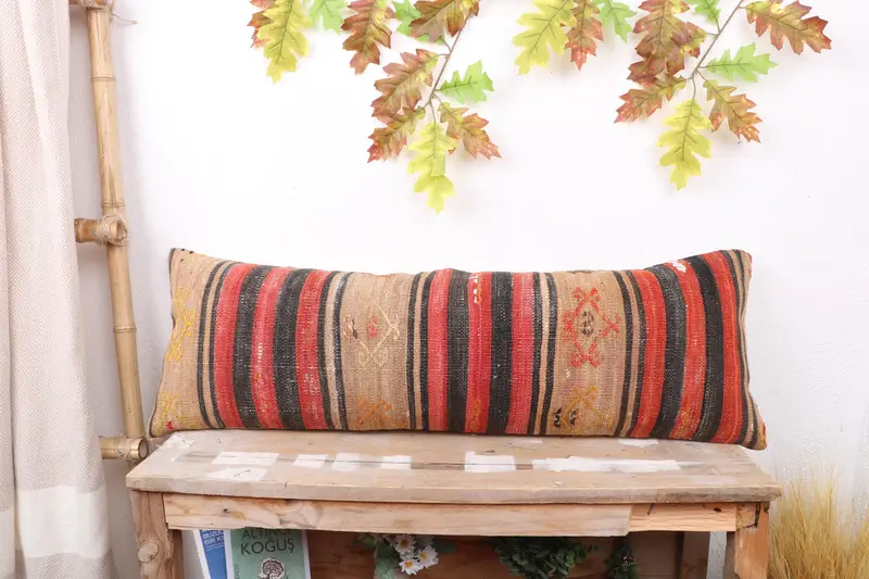 Pillow for Sofa, Pillow Case, Vintage Kilim Pillow, Office Chair Cushion Case, Boho Pillow Sham Cover, 12x36 Beige Pillow Cover - 1