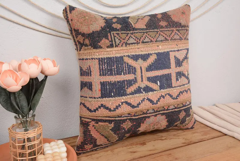 Blaues und orangefarbenes Patchwork-Wurfkissen, besticktes Vintage-Kissen