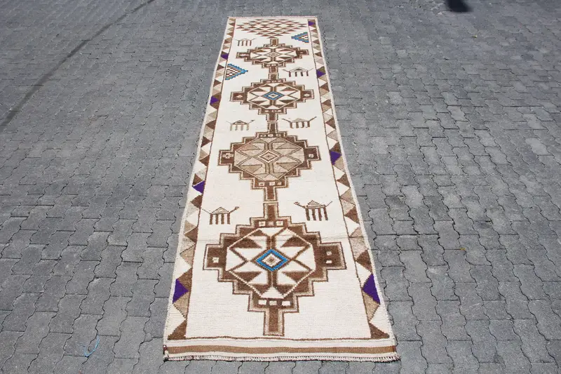 3.2x13 ft Turkish Vintage Rug, Runner Rug, Brown White Floral Wool Rug - 1
