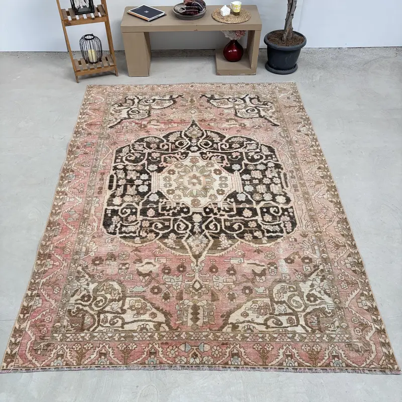 6.6x9.2 ft Large Turkish Rug, Vintage Rug, Brown Pink Bordered Wool Rug - 1