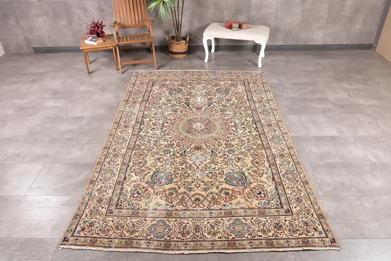 Türk 6.2x9.4 ft Büyük Halı, Vintage Halı, Oushak Kahverengi Çiçekli Halı - 1