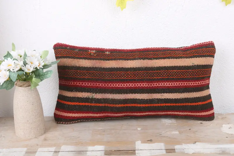Pillow Case, 8x16 Red Pillow Case, Vintage Pillow Case, Ethnical Kilim Rug Pillow, Boho Pillow Sham Cover, Handmade Kilim Cushion - 2