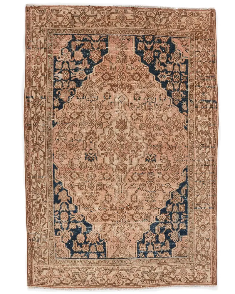 Kahverengi & Mavi Halı, 4,3x6,4 ft Bitki ve Ağaç Desenli