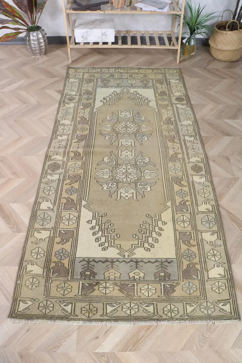 3.4x7.1 ft Vintage Alan Halısı, Türk Kahverengi Kareli Halı - 1