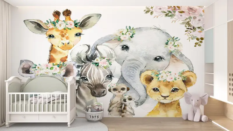 ジャングルの動物のプリント壁紙：キリン、ゾウ、かわいいシマウマ