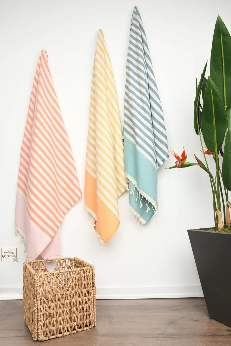 Personalized Turkish Cotton Beach Towel Striped Beige, 70x40 Inches