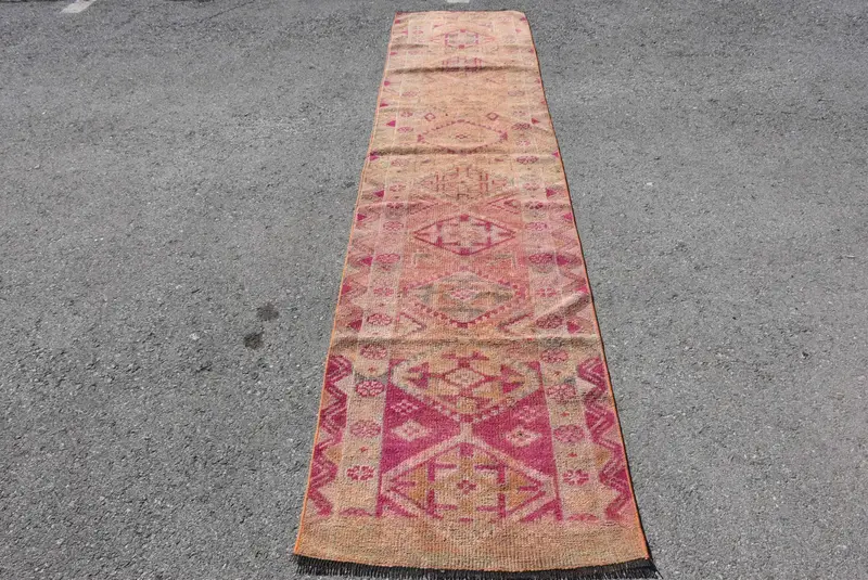 2.6x11.2 ft Halı, Vintage Türk Halısı, Kırmızı Çiçekli Yün Halı - 1
