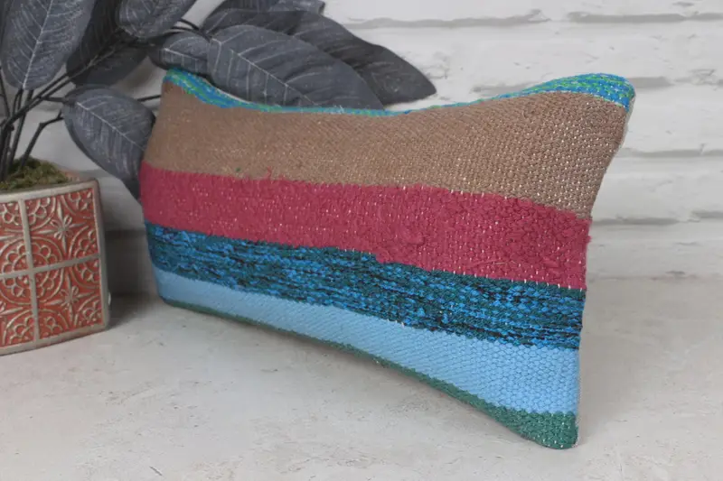 Boho Pillow Sham Cover, Throw Kilim Pillow, Decorative Throw Pillow, Interior Designer Pillow, Cushion Case, 8x16 Blue Cushion Case - 3
