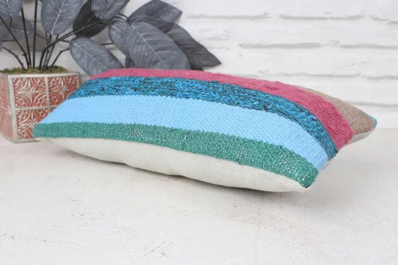 Boho Pillow Sham Cover, Throw Kilim Pillow, Decorative Throw Pillow, Interior Designer Pillow, Cushion Case, 8x16 Blue Cushion Case - 6