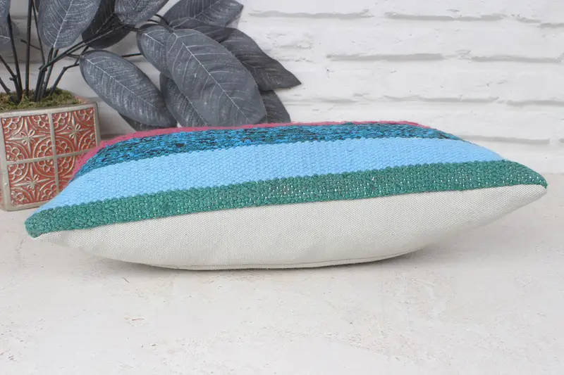 Boho Pillow Sham Cover, Throw Kilim Pillow, Decorative Throw Pillow, Interior Designer Pillow, Cushion Case, 8x16 Blue Cushion Case - 5