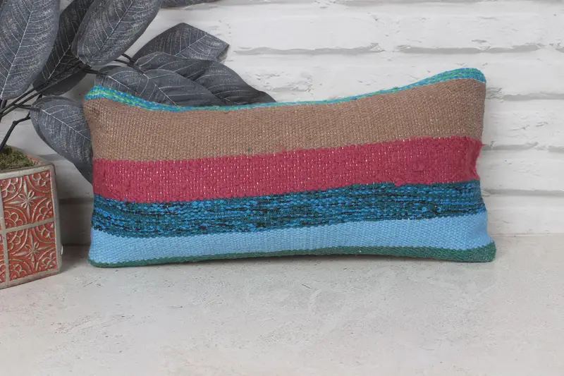 Boho Pillow Sham Cover, Throw Kilim Pillow, Decorative Throw Pillow, Interior Designer Pillow, Cushion Case, 8x16 Blue Cushion Case - 1