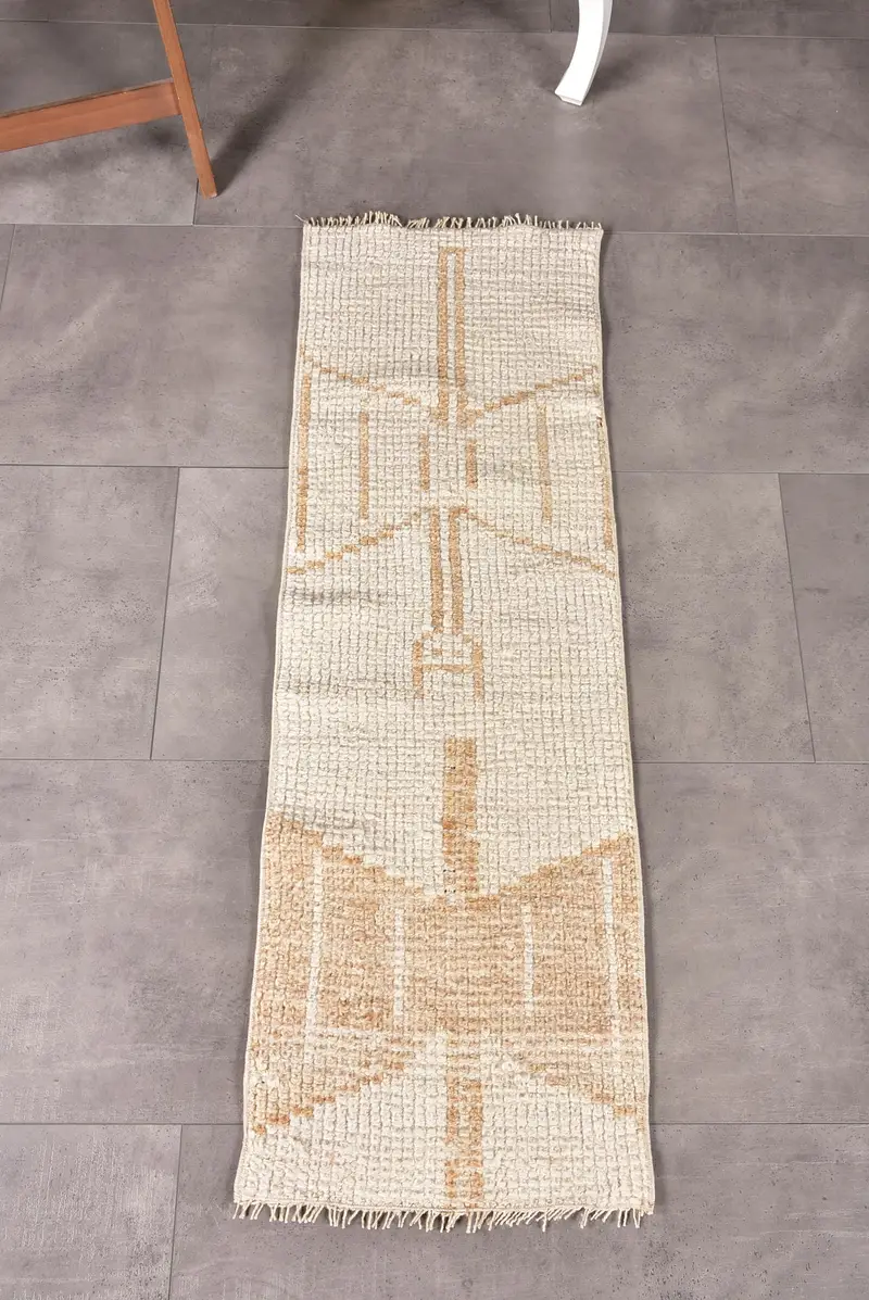 Alfombra vintage turca, alfombra Oushak de 1,4x4,2 pies, alfombra de lana a rayas blancas - 1