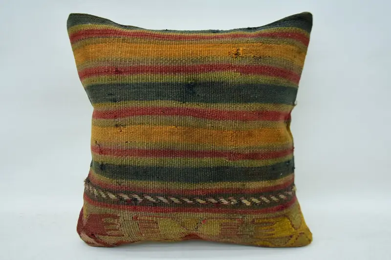 Striped Throw Minimalist Pillowcase, Wool Antique 14x14 inch Orange Cushion Cover - 1