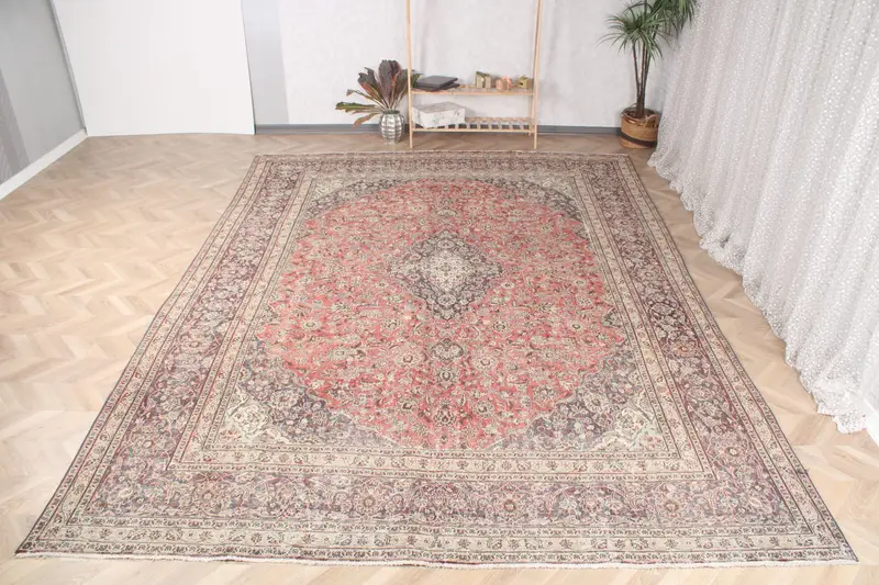 Vintage Büyük Boy Halı 9,3x13,3 ft, Kırmızı Mavi Yün Halı - 1