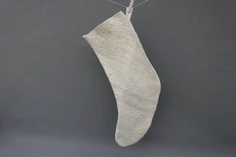Beige Christmas Stocking with White Ornaments, Festive Holiday Stocking