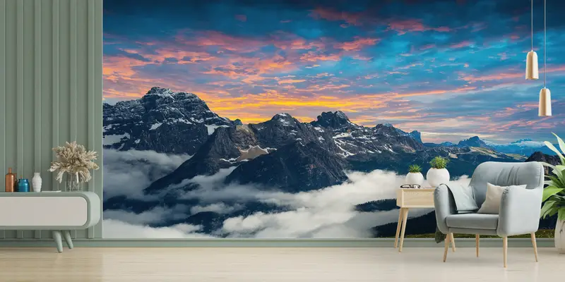 Basılı Duvar Kağıdı: Dağlarda Gün Batımı, Dolomites Alpleri, İtalya