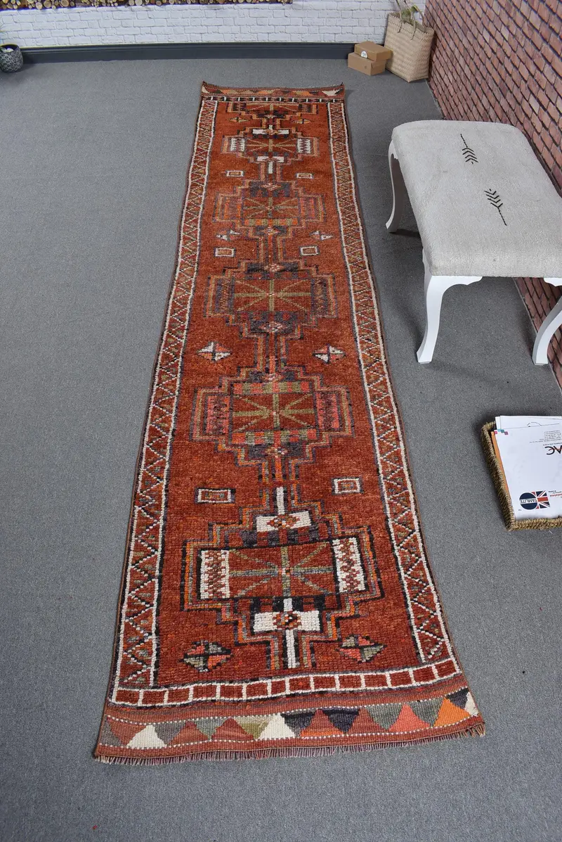 Turkish Vintage Rug, 2.8x11.5 ft Herki Rug, Red Wool Rug - 1