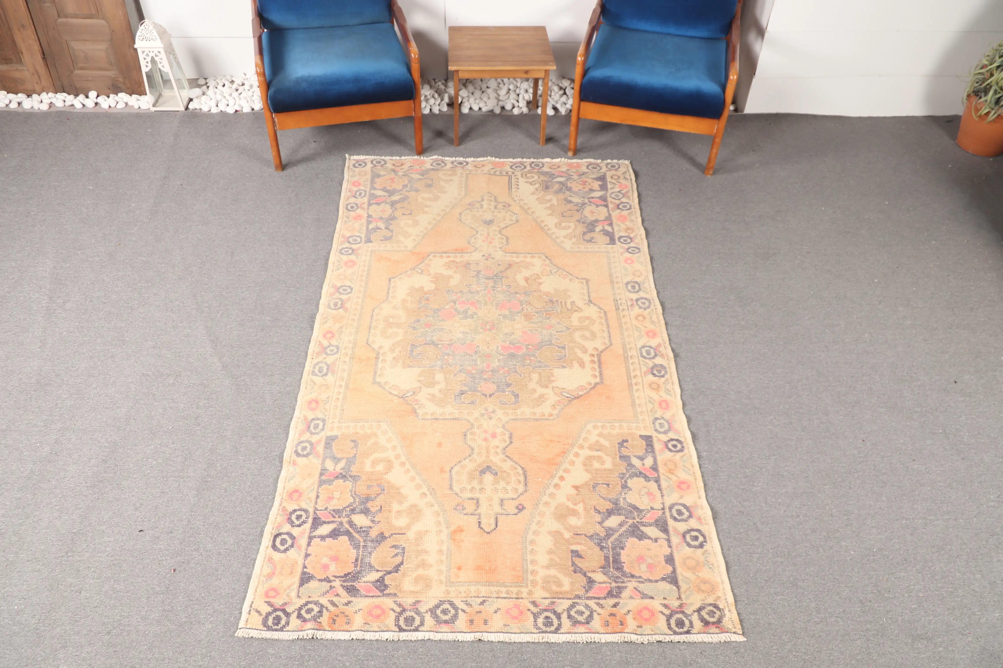 4.1x7.3 ft Vintage Accent Rug, Turkish Orange Floral Rug - 1