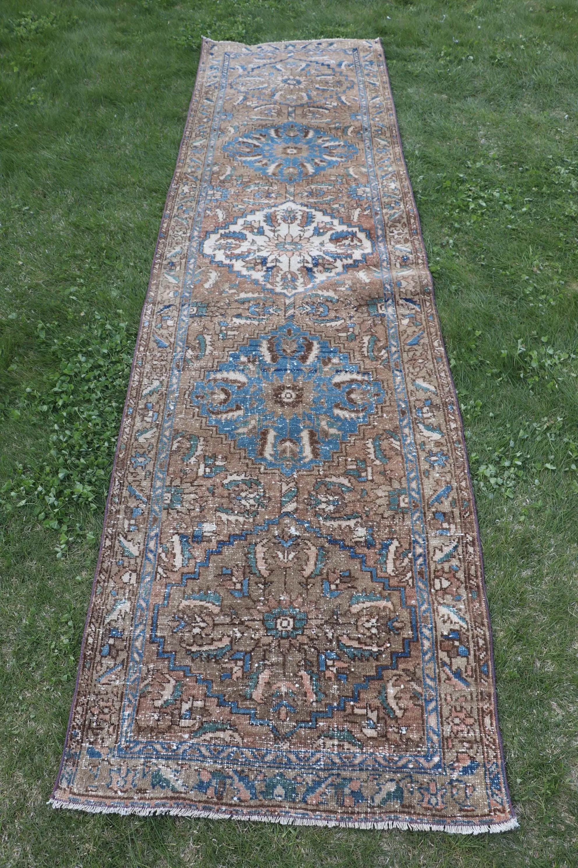 Alfombra turca vintage de 2,7x10,6 pies, alfombra de lana patchwork azul marrón - 1