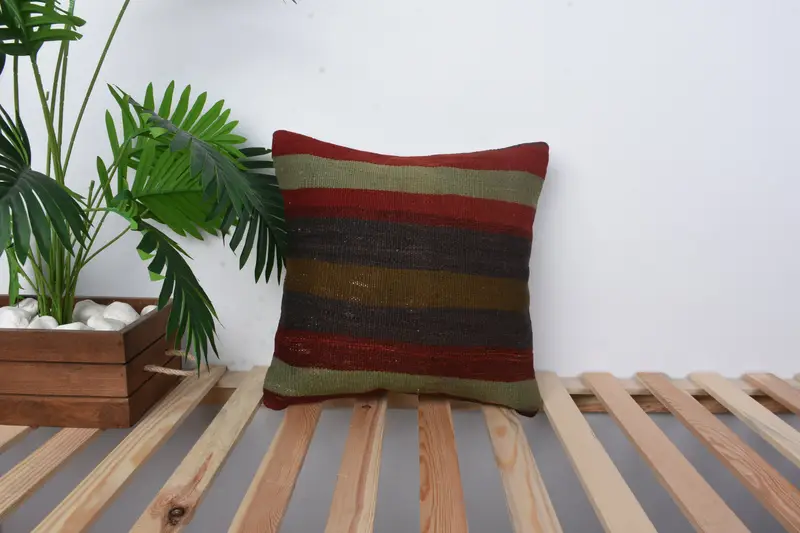 Ethnical Kilim Rug Pillow, Neutral Pillow Cover, Pillow, 16x16 Red Pillow, Kilim Pillow Cover, Turkish Pillow, Rustic Cushion Cover - 1