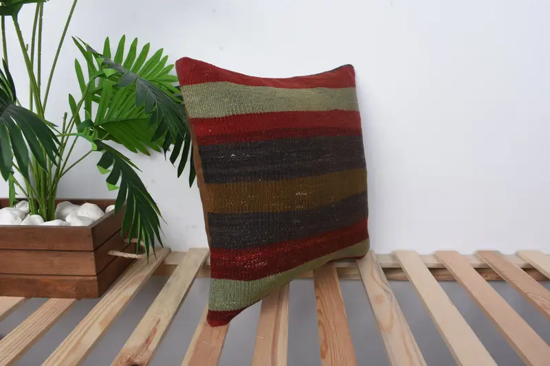 Ethnical Kilim Rug Pillow, Neutral Pillow Cover, Pillow, 16x16 Red Pillow, Kilim Pillow Cover, Turkish Pillow, Rustic Cushion Cover - 4