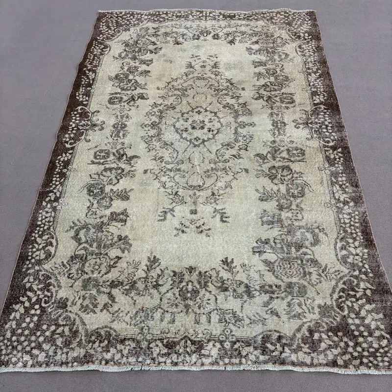 Vintage Oushak Large Rug 6x9.3 ft (183x284 cm), Turkish Gray Abstract Wool Rug - 1