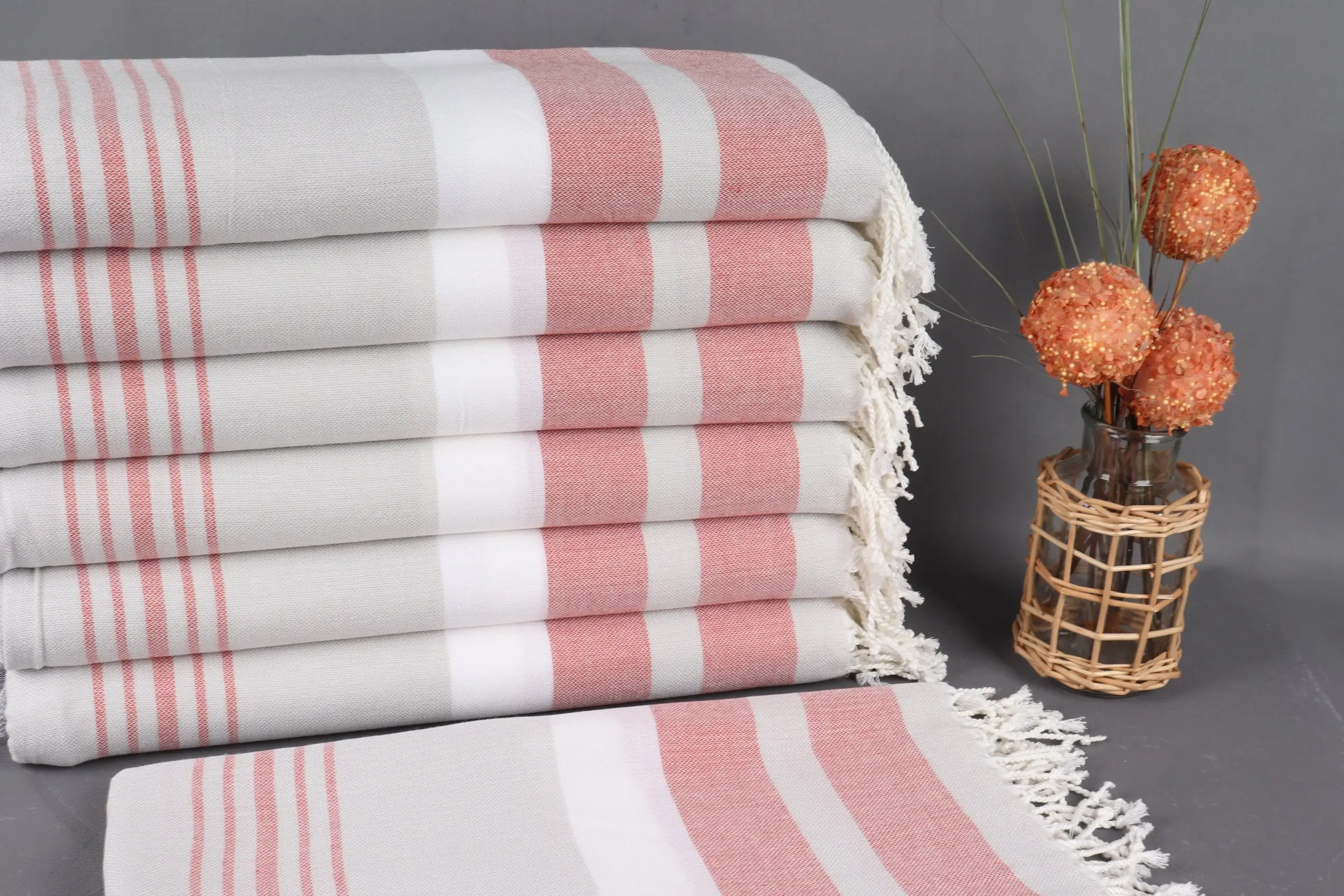 Turkish Towel Gray-Brick Striped Peshtemal, 40x75 Inches - 1