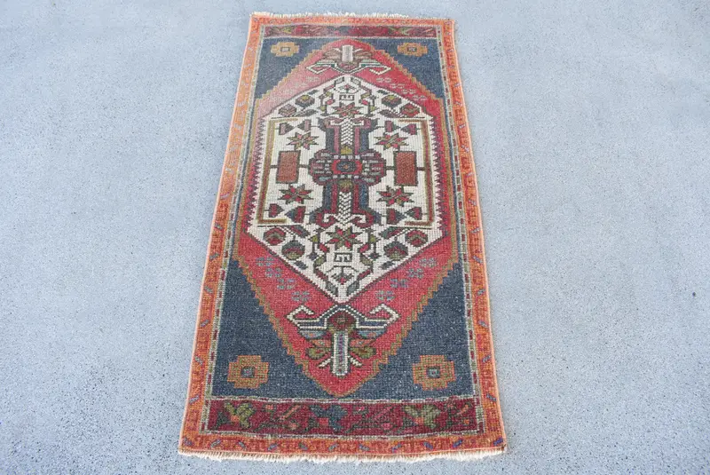 Türk Halısı, 1.9x3.9 ft Küçük Halı, Kırmızı Mavi Oushak Yün Halı - 1