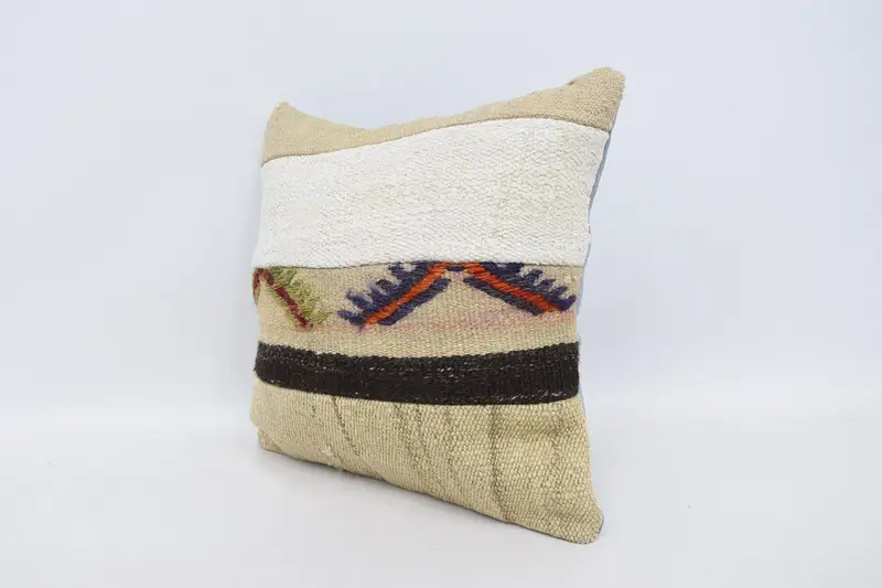 Cushion Case, Kilim Pillow Cover, Turkish Kilim Pillow, 16x16 Beige Cushion, Retro Throw Pillow Sham, Accent Pillow Cover, Boho Pillow - 4