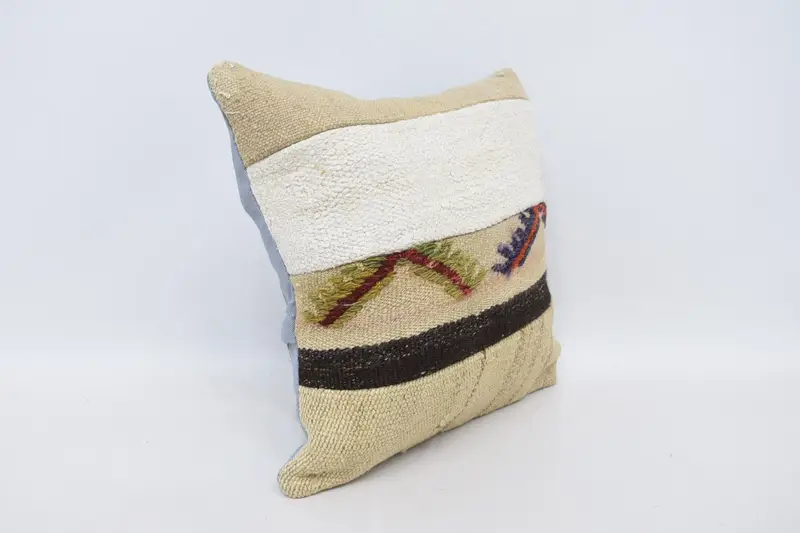 Cushion Case, Kilim Pillow Cover, Turkish Kilim Pillow, 16x16 Beige Cushion, Retro Throw Pillow Sham, Accent Pillow Cover, Boho Pillow - 3