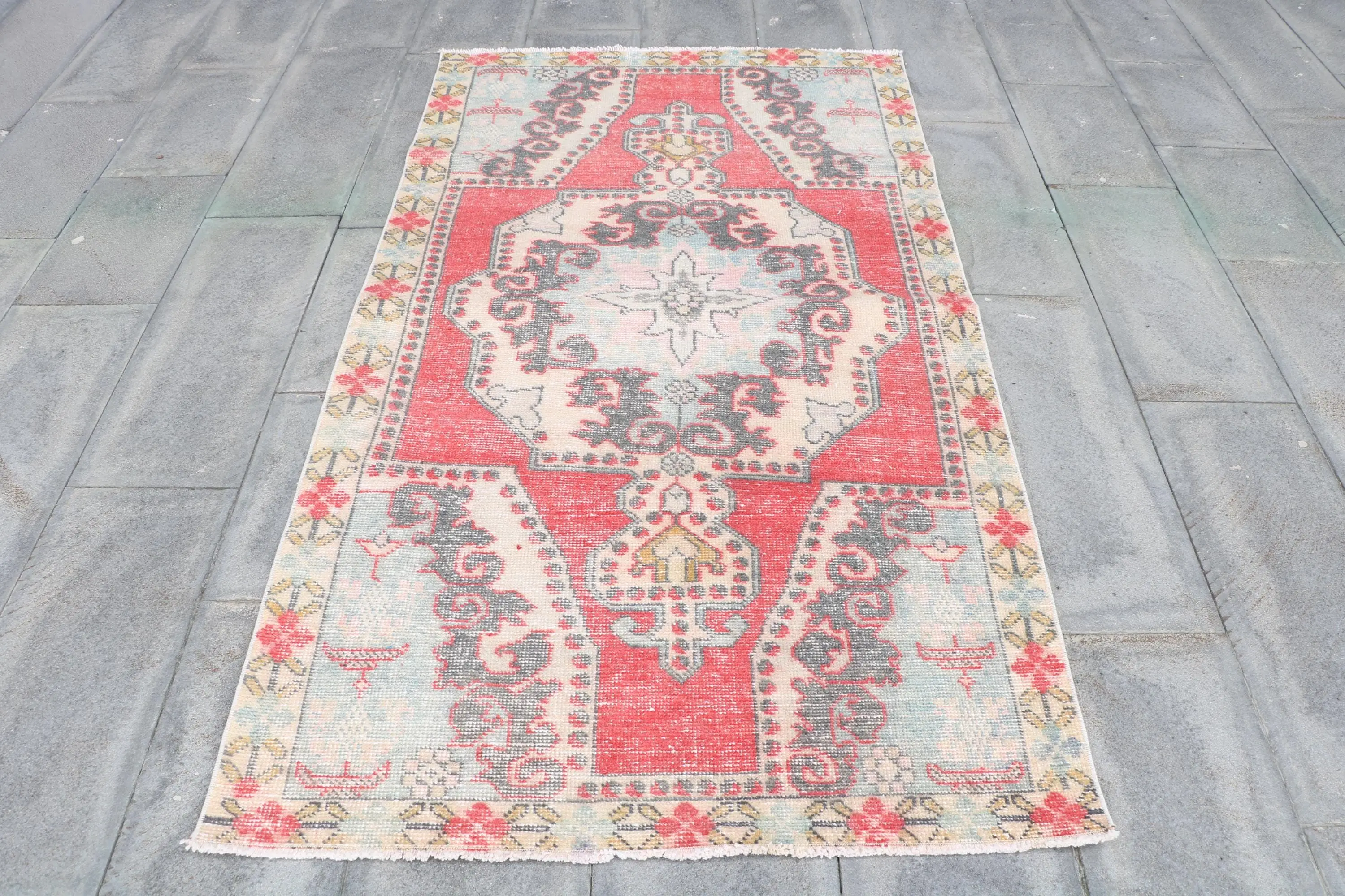 Turkish Rug 3.8x6.9 ft, Red Gray Floral Wool Vintage Rug - 1