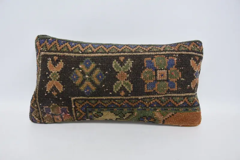 Chair Turkish Wool Cushion Case, Brown 30x60 cm Antique Plaid Pillow - 1