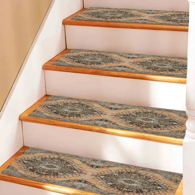 Orange & Brown Soft Tones Printed Stair Rug, Bohemian Chic