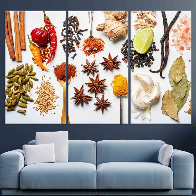 Tıbbi otlar, tuval sanatı, baharat duvar sanatı, Hint baharatları duvar dekor, yemek odası dekor, mutfak duvar sanatı, büyük duvar sanatı, gıda tuval sanatı - 3