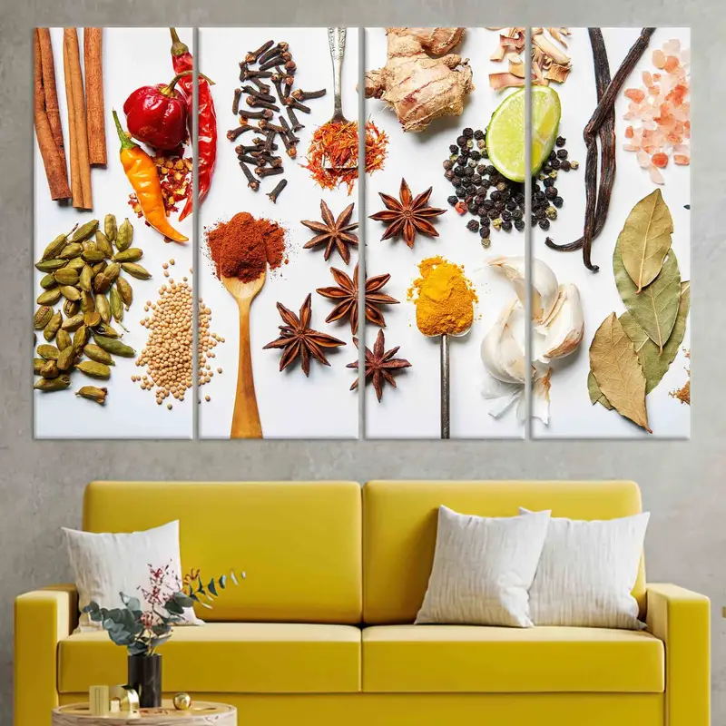 Tıbbi otlar, tuval sanatı, baharat duvar sanatı, Hint baharatları duvar dekor, yemek odası dekor, mutfak duvar sanatı, büyük duvar sanatı, gıda tuval sanatı - 4