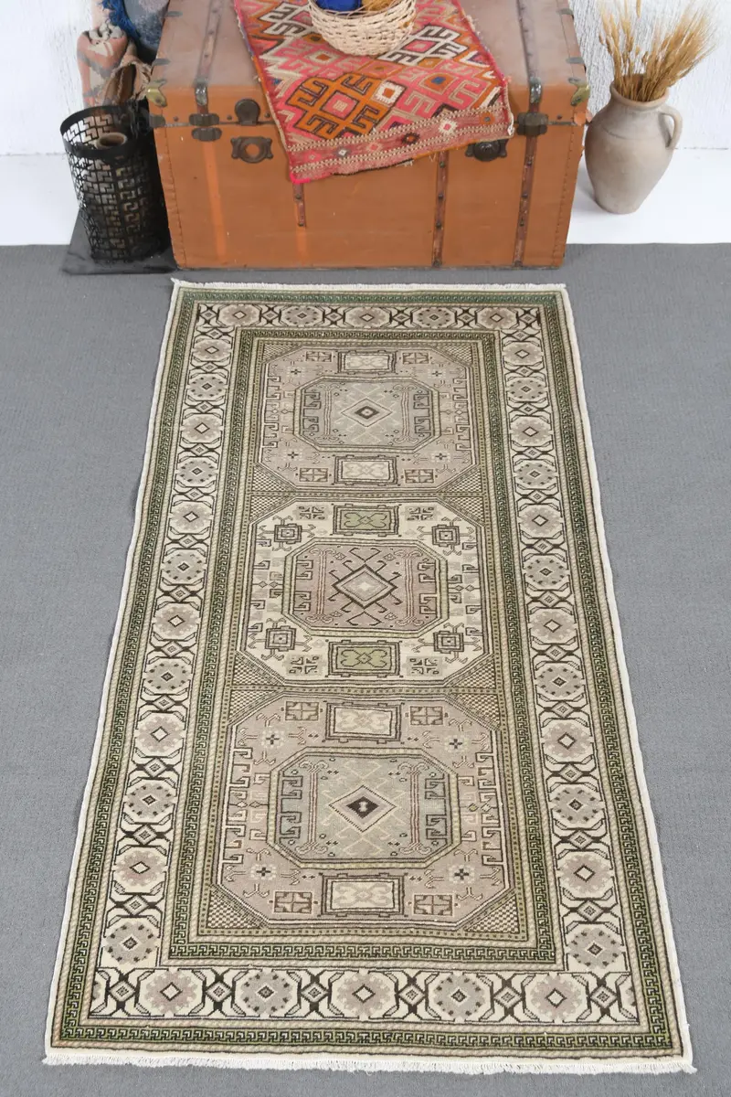 Vintage Türk Oushak Halısı 3.3x6 ft, Yeşil Vurgulu Geometrik Yün Halı - 1