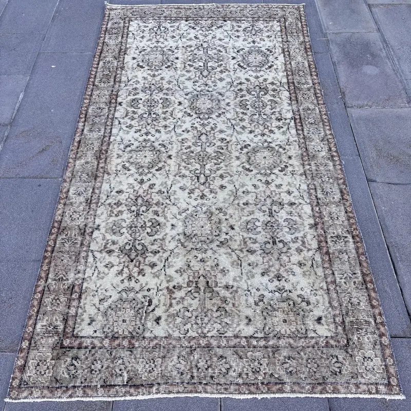 Vintage Rug, 3.7x7 ft Area Turkish Rug, Oushak Brown Gray Ombré Rug - 1