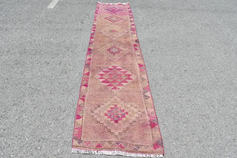 Herki Rug, 2.5x11.5 ft Turkish Rug, Pink Rug Wool - 1