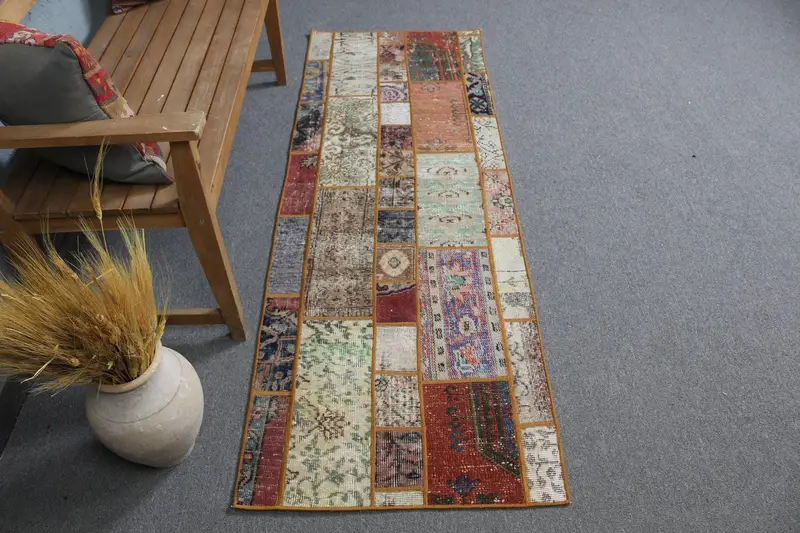 Yeşil ve Mavi Halı, 2,3x6,7 ft Geometrik Çiçek Desenli