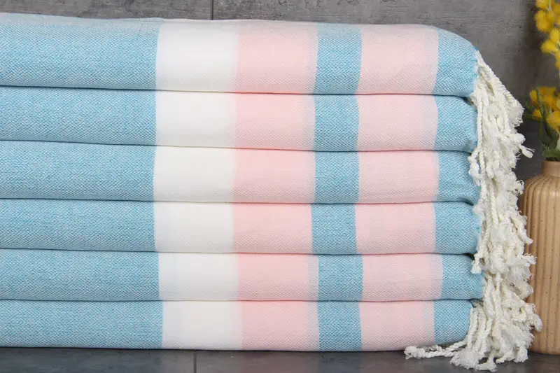 Turkish Bath Towel Dark Turquoise-Pink Stripes, Organic Cotton, 40x75 Inches