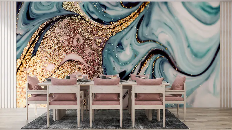 Blue And Gold Marble, Gold Marble Wall Poster, Shimmery Wall Paper, Contemporary Wall Painting, Blue Marble Wallpaper, - 7