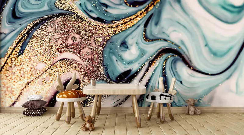 Blue And Gold Marble, Gold Marble Wall Poster, Shimmery Wall Paper, Contemporary Wall Painting, Blue Marble Wallpaper, - 6