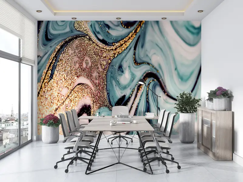 Blue And Gold Marble, Gold Marble Wall Poster, Shimmery Wall Paper, Contemporary Wall Painting, Blue Marble Wallpaper, - 2