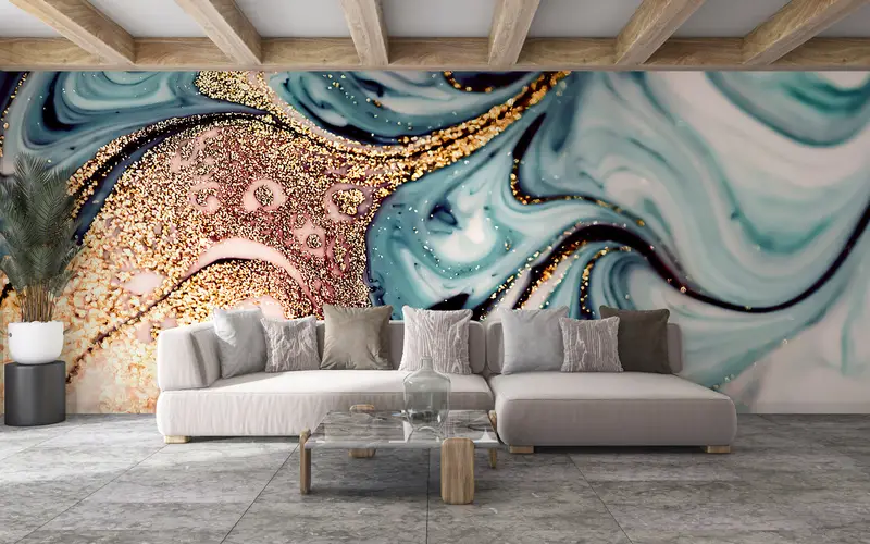 Blue And Gold Marble, Gold Marble Wall Poster, Shimmery Wall Paper, Contemporary Wall Painting, Blue Marble Wallpaper, - 3