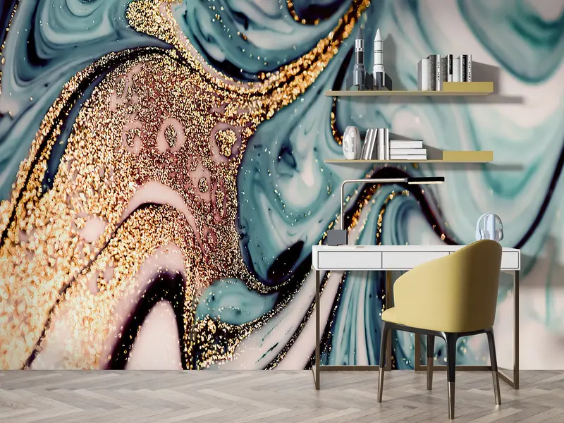 Blue And Gold Marble, Gold Marble Wall Poster, Shimmery Wall Paper, Contemporary Wall Painting, Blue Marble Wallpaper, - 4