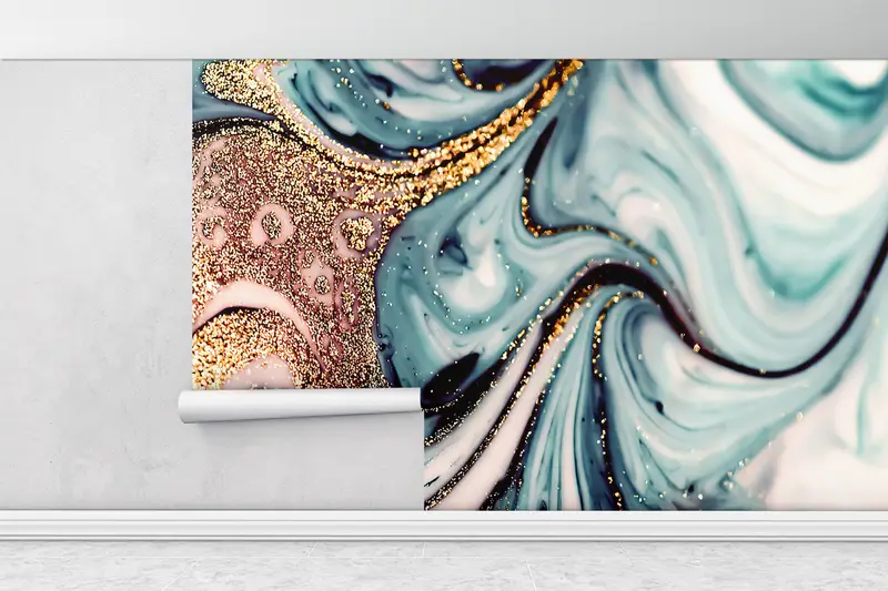 Blue And Gold Marble, Gold Marble Wall Poster, Shimmery Wall Paper, Contemporary Wall Painting, Blue Marble Wallpaper, - 1