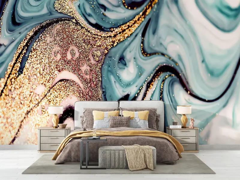 Blue And Gold Marble, Gold Marble Wall Poster, Shimmery Wall Paper, Contemporary Wall Painting, Blue Marble Wallpaper, - 5