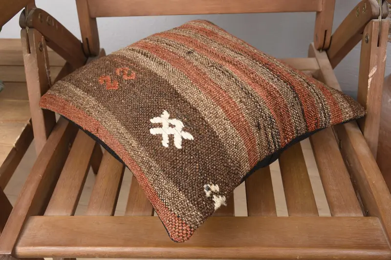 Throw Kilim Pillow, Ethnical Kilim Rug Pillow, Wool Kilim Pillow Pillow Sham, Handmade Kilim Cushion, 14x14 Brown Cushion Case, Pillow Sham - 4